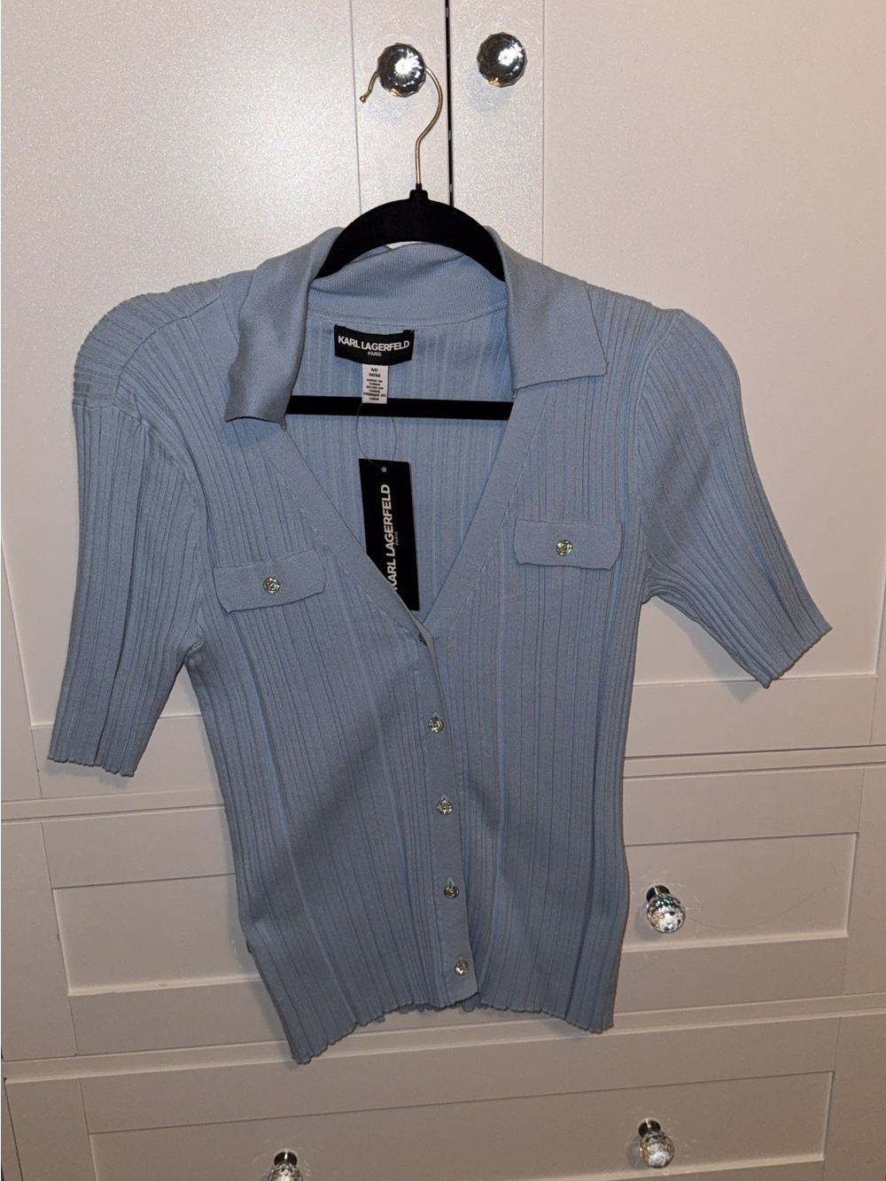 Karl Lagerfeld Sky Blue Ribbed Button-Front Cardigan